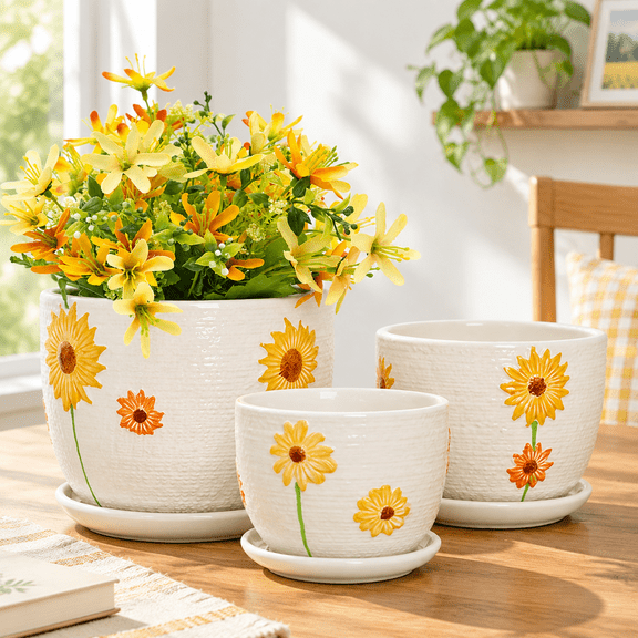 Sunflower Ceramic 3-Piece Plant Pot Set with Drainholes and Saucers for Indoor Outdoor Use
