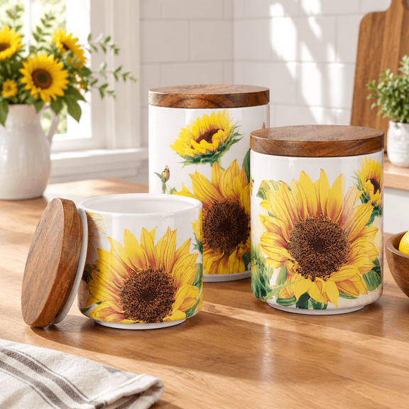 Sunflower Ceramic Food Storage Canister Set of 3 for Kitchen Counter, Tea, Coffee, Sugar
