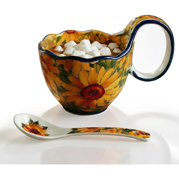 Sunflower Ceramic Soup Bowls with Handles - Decorative Soup Bowl Set for Breakfast Cereal/Yogurt (Including Spoon)