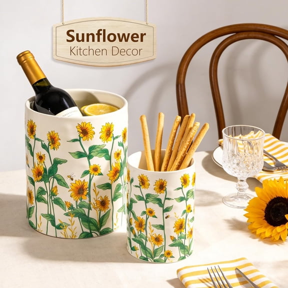 Sunflower Ceramic Utensil Holder Set, 2-Piece Kitchen Counter Organizer with Yellow Floral Pattern for Spoons and Spatulas