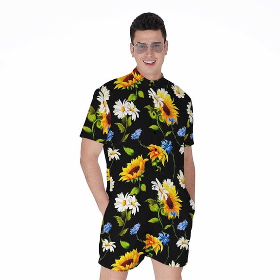 Sunflower Chamomile Pattern Short Sleeve Men'S Rompers Casual Summer Jumpsuits Outfit