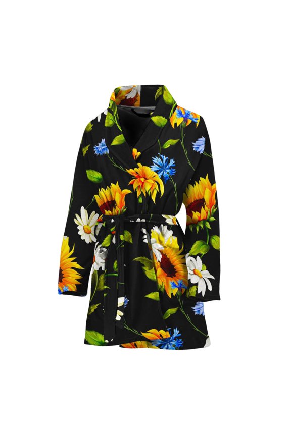 Sunflower Chamomile Pattern Women Bathrobe One Size Univeral Fits Fashion Lightweight Plush Fleece Long Robe For Women