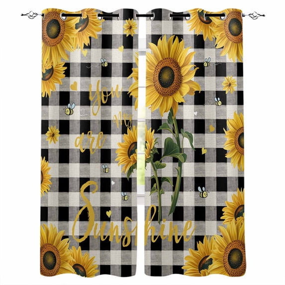 Sunflower Checked Black Out Curtains 63 Inch Long, Room Darkening Draperies Curtains Panels, Vintage Garden Floral Bees Farmhouse Thermal Insulated Curtain for Bedroom Living Room 52"x63" 2 Panels
