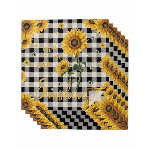 Sunflower Checked Cloth Napkins Set of 6 Reusable Dinner Napkins, Vintage Garden Floral Bees Farmhouse Cocktail Napkin Washable Table Napkins for Wedding/Holiday Party/Baby Shower 20"x20"