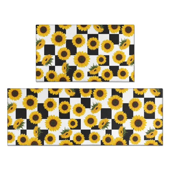 Sunflower and Checkerboard White Anti Fatigue Kitchen Rugs Set Of 2, Non Slip Washable Decorative Floor Mats for Kitchen Sink Laundry, 17"x30" and 17"x47"