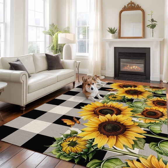 Sunflower Checkered Area Rug 5x8 FT, Non Slip Bedroom Throw Carpet, Black Buffalo Plaid Pastoral Flowers Washable Soft Floor Carpet Non-Shedding Rug for Living Room Nursery Dorm Office