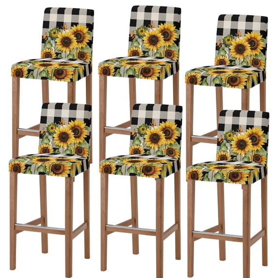 Sunflower Checkered Bar Stool Cover Set of 6, Black Buffalo Plaid Pastoral Flowers Stretch Bar Chair Cover, Removable Washable Pub Counter Stool Chair Slipcover for Kitchen Dining Room Pub Cafe