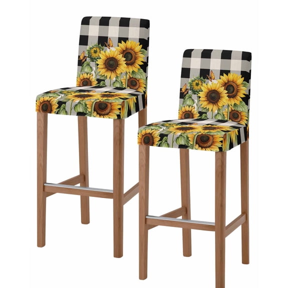 Sunflower Checkered Bar Stool Covers Set of 2, Black Buffalo Plaid Pastoral Flowers Stretch Washable Bar Chair Covers with Backs, Removable Pub Counter Height Chair Cover for Kitchen Dining Room Cafe