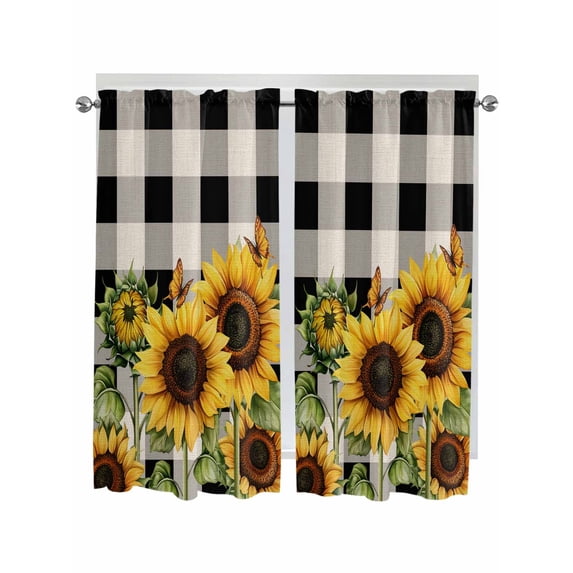 Sunflower Checkered Bedroom Curtains 63 Inches length, Black Buffalo Plaid Pastoral Flowers Window Treatment Curtain Drapes, Rod Pocket Curtain Panels for Living Room Kitchen, 42"x63", 2 Panels