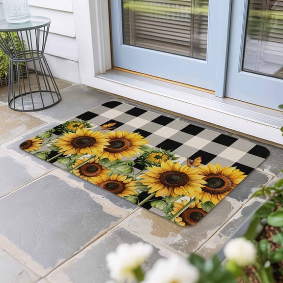 Sunflower Checkered Door Mat Indoor Outdoor,Black Buffalo Plaid Pastoral Flowers Non Slip Welcome Mat with Rubber Backing,Absorbent Fabric Front Door Mats Entryway Rug for Home Patio Entrance 16"x24"