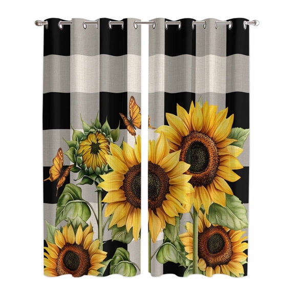 Sunflower Checkered Kitchen Curtains 84 Inch Length, Black Buffalo Plaid Pastoral Flowers Grommet Top Bedroom Living Room Curtains, Light Filtering Cafe Curtain Drapes 2 Panels Set 84''x84''