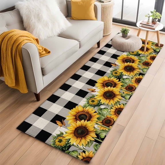 Sunflower Checkered Kitchen Runner Rug 2x6 Washable Runners for Hallway Non Slip Black Buffalo Plaid Pastoral Flowers Large Area Rug Indoor Floor Carpet for Bathroom Laundry Entryway Bedroom