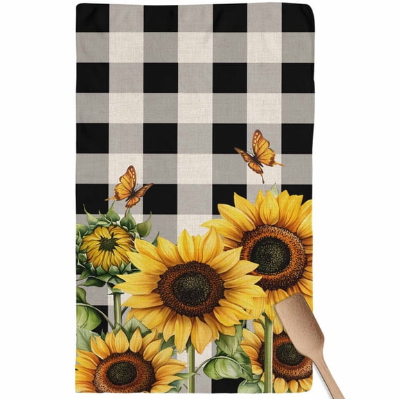 Sunflower Checkered Kitchen Towel Dish Cloths Set of 1, Microfiber Soft Kitchen Hand Towels, Black Buffalo Plaid Pastoral Flowers Absorbent Quick Drying Dishcloths 18 x 28 Inches