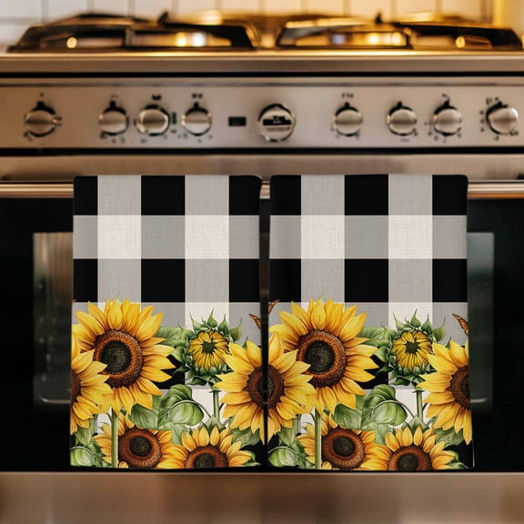 Sunflower Checkered Kitchen Towels Set of 4, Black Buffalo Plaid Pastoral Flowers Absorbent Dish Towels for Kitchen, Microfiber Hand Towel, Quick Drying Tea Towel for Cleaning Decorative Dishcloths