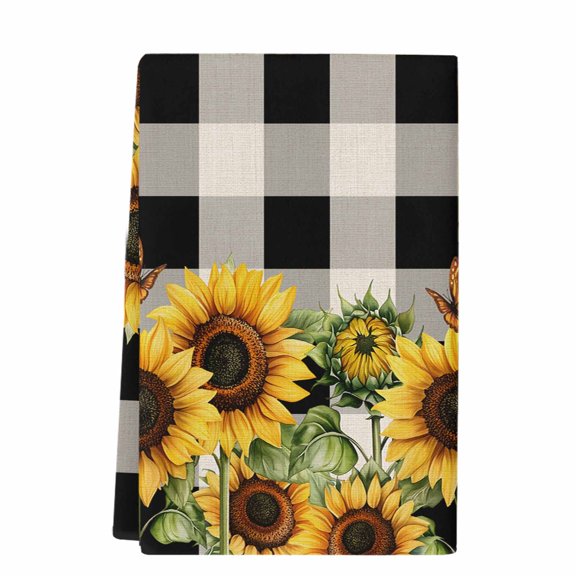Sunflower Checkered Microfiber Kitchen Towel, Black Buffalo Plaid Pastoral Flowers Soft Absorbent Dish Towels, Quick Drying Washable Dishcloths for Kitchen Cleaning, Drying Dishes, 18x28 Inches