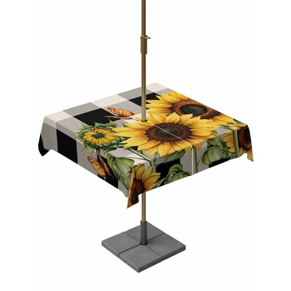 Sunflower Checkered Outdoor Tablecloth with Umbrella Hole, Black Buffalo Plaid Pastoral Flowers Spillproof Waterproof Outdoor Table Cover, Patio Tablecloths for Party/Garden/Picnic, Square 60"x60"