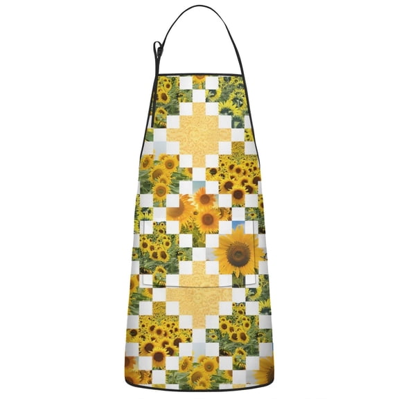 Sunflower Checkered Pattern Apron-Garden Aprons for Women with Pockets-Cotton Linen Waterproof Kitchen Cooking Gardening Aprons Adjustable for Kitchen,Cooking,BBQ and Salon 33x27 Inch