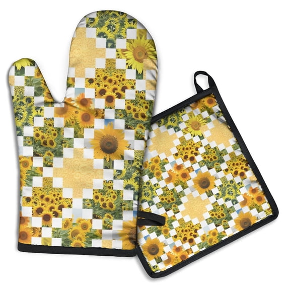 Sunflower Checkered Pattern Kitchen Oven Mitt and Pot Holder Sets 2 Pcs for Baking, Cooking and Grilling, Heat Resistant Up To 392 °F