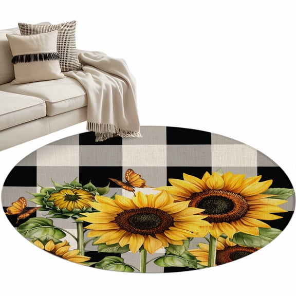Sunflower Checkered Round Area Rug 4ft, Black Buffalo Plaid Pastoral Flowers Washable Non-Slip Circle Rugs for Bedroom Living Room Kitchen, Soft Non Shedding Circle Carpet for Dining Room Dorm