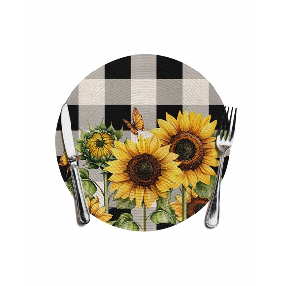 Sunflower Checkered Round Placemats for Dinning Tables,Heat-proof Braided Table Mats 13 Inch,Black Buffalo Plaid Pastoral Flowers Washable Place Mat for Kitchen Restaurant Party Decor Table Setting