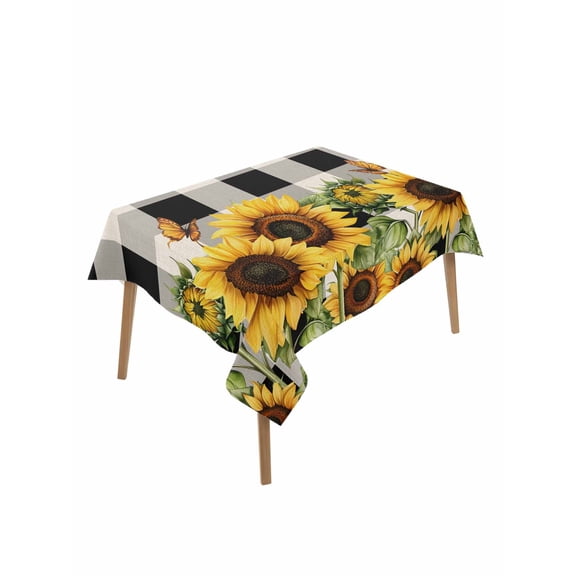 Sunflower Checkered Table Cloth, Black Buffalo Plaid Pastoral Flowers Waterproof Tablecloth for Rectangle Tables, Reusable Washable Fabric Table Cover for Restaurant Kitchen Dining Tables 60"x84"