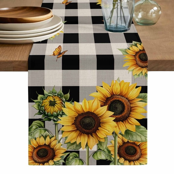 Sunflower Checkered Table Runner, Black Buffalo Plaid Pastoral Flowers Washable Cotton Linen Table Runners 48 Inches Long, Dresser Scarf Runner for Nightstand/Coffee/End Tables 13''x48''