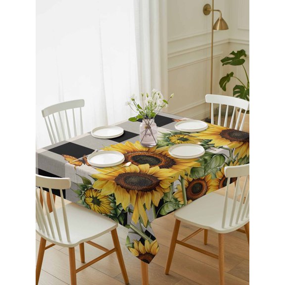 Sunflower Checkered Tablecloth Rectangle Table Cloth 60x84, Waterproof Tablecloth Outdoor Table Cloth, Black Buffalo Plaid Pastoral Flowers Washable Table Cover for Kitchen Dinning Party