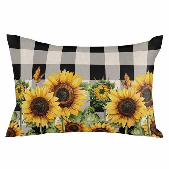 Sunflower Checkered Throw Pillow Cover 20 x 36 Inch Decorative Pillow Cover Black Buffalo Plaid Pastoral Flowers Lumbar Pillowcase Seasonal Rectangle Cushion Case for Couch Sofa Bed Living Room