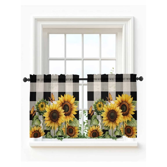Sunflower Checkered Tier Curtains 36 Inch Length,Sheer Curtains for Bedroom Living Room Window Black Buffalo Plaid Pastoral Flowers Small Half Window Kitchen Curtains & Drapes 27.5"x36" 2 Panels