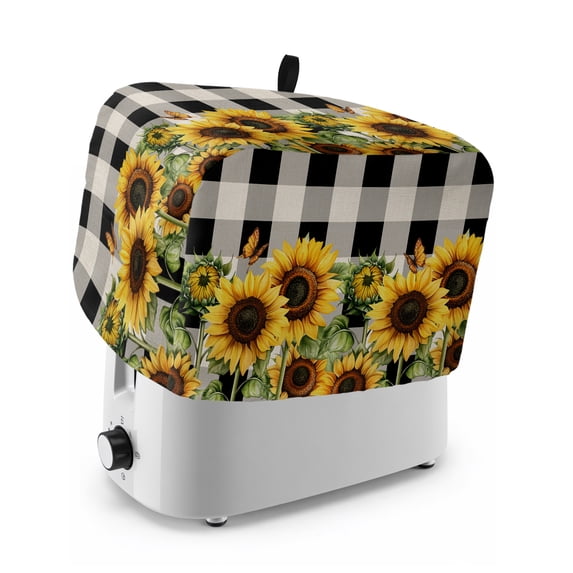 Sunflower Checkered Toaster Cover 2 Slice, Black Buffalo Plaid Pastoral Flowers Dustproof Bakeware Oven Protector with Top Hook, Waterproof Small Kitchen Appliance Toasters Dust Cover, 12"x7.5"x8"