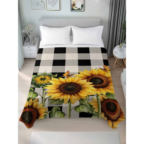 Sunflower Checkered Twim Size Flat Sheet, Wrinkleproof & Fadeproof Cooling Flat Bed Sheet Only, Black Buffalo Plaid Pastoral Flowers Breathable Soft Bedding Top Sheets 66 x 96 Inches