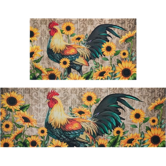 Sunflower Chicken Kitchen Mat Rug Set of 2- Rooster Kitchen Rugs, Sunflowers Kitchen Decor Accessories Things Kitchen Rug Mat- Farmhouse Rugs for Home Kitchen Large- 17x30 and 17x48 Inch