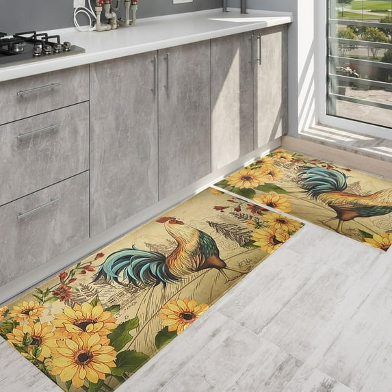 Sunflower Chicken Kitchen Mats for Floor Set of 2, Floor Mat Carpet Runner Area Rug Washable, Rooster Home Kitchen Decor and Accessories Stuff, 17x30 and 17x47 Inch