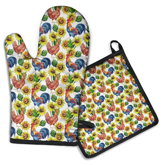 Sunflower Chicken Pattern Kitchen Oven Mitt and Pot Holder Sets 2 Pcs for Baking, Cooking and Grilling, Heat Resistant Up To 392 °F