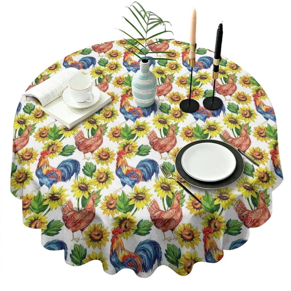 Sunflower Chicken Pattern Round Tablecloth 60"x60",Wrinkle Wipeable Table Cloth for Kitchen Dining Room Picnic Patio Party
