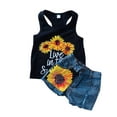 thumbnail image 1 of Sunflower Children's Clothes Summer Girls Printed Vest Denim Shorts Suit Tops Floral Suspenders Shorts Headbands, 1 of 7