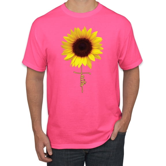 Sunflower Christian Faith Cross Inspirational/Christian Men's Graphic T-Shirt, Neon Pink, Large