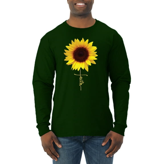 Sunflower Christian Faith Cross Inspirational/Christian Mens Long Sleeve Shirt, Forest Green, Large