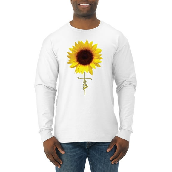 Sunflower Christian Faith Cross Inspirational/Christian Mens Long Sleeve Shirt, White, Large
