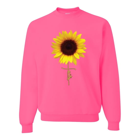 Sunflower Christian Faith Cross Inspirational/Christian Unisex Crewneck Graphic Sweatshirt, Neon Pink, Medium