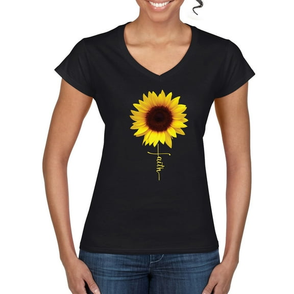 Sunflower Christian Faith Cross Inspirational/Christian Women's Standard V-Neck Tee, Black, Small