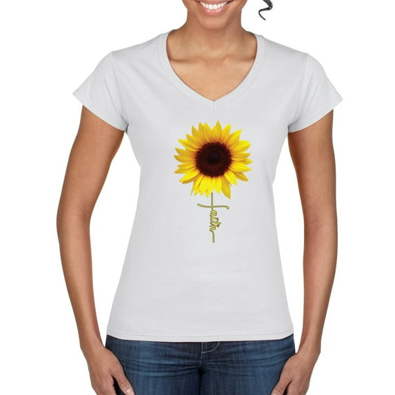 Sunflower Christian Faith Cross Inspirational/Christian Women’s Standard V-Neck Tee, White, Large