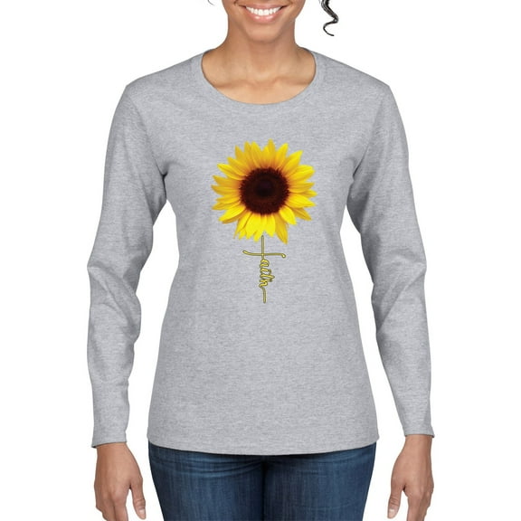 Sunflower Christian Faith Cross Inspirational/Christian Womens Graphic Long Sleeve T-Shirt, Heather Grey, X-Large