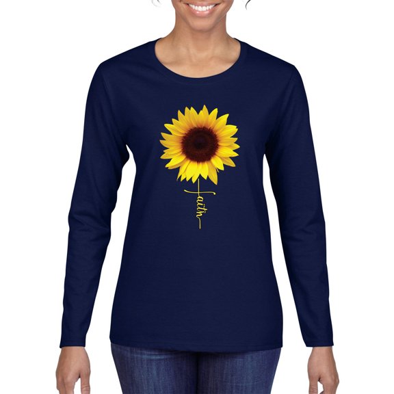 Sunflower Christian Faith Cross Inspirational/Christian Womens Graphic Long Sleeve T-Shirt, Navy, Large