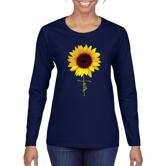 Sunflower Christian Faith Cross Inspirational/Christian Womens Graphic Long Sleeve T-Shirt, Navy, X-Large