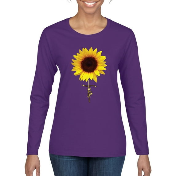 Sunflower Christian Faith Cross Inspirational/Christian Womens Graphic Long Sleeve T-Shirt, Purple, 2XL