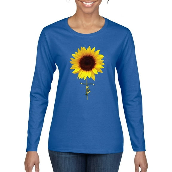Sunflower Christian Faith Cross Inspirational/Christian Womens Graphic Long Sleeve T-Shirt, Royal, 2XL