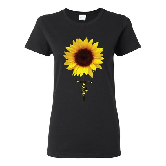 Sunflower Christian Faith Cross Inspirational/Christian Womens Graphic T-Shirt, Black, Small