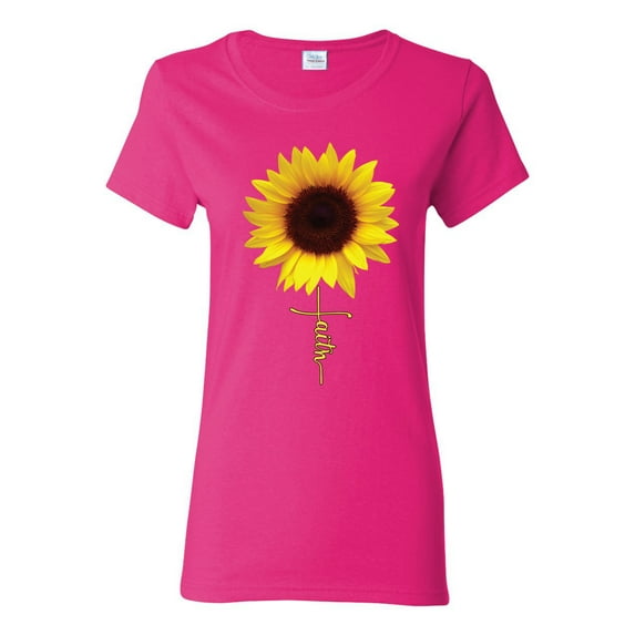 Sunflower Christian Faith Cross Inspirational/Christian Womens Graphic T-Shirt, Fuschia, Medium