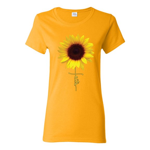 Sunflower Christian Faith Cross Inspirational/Christian Womens Graphic T-Shirt, Gold, Large